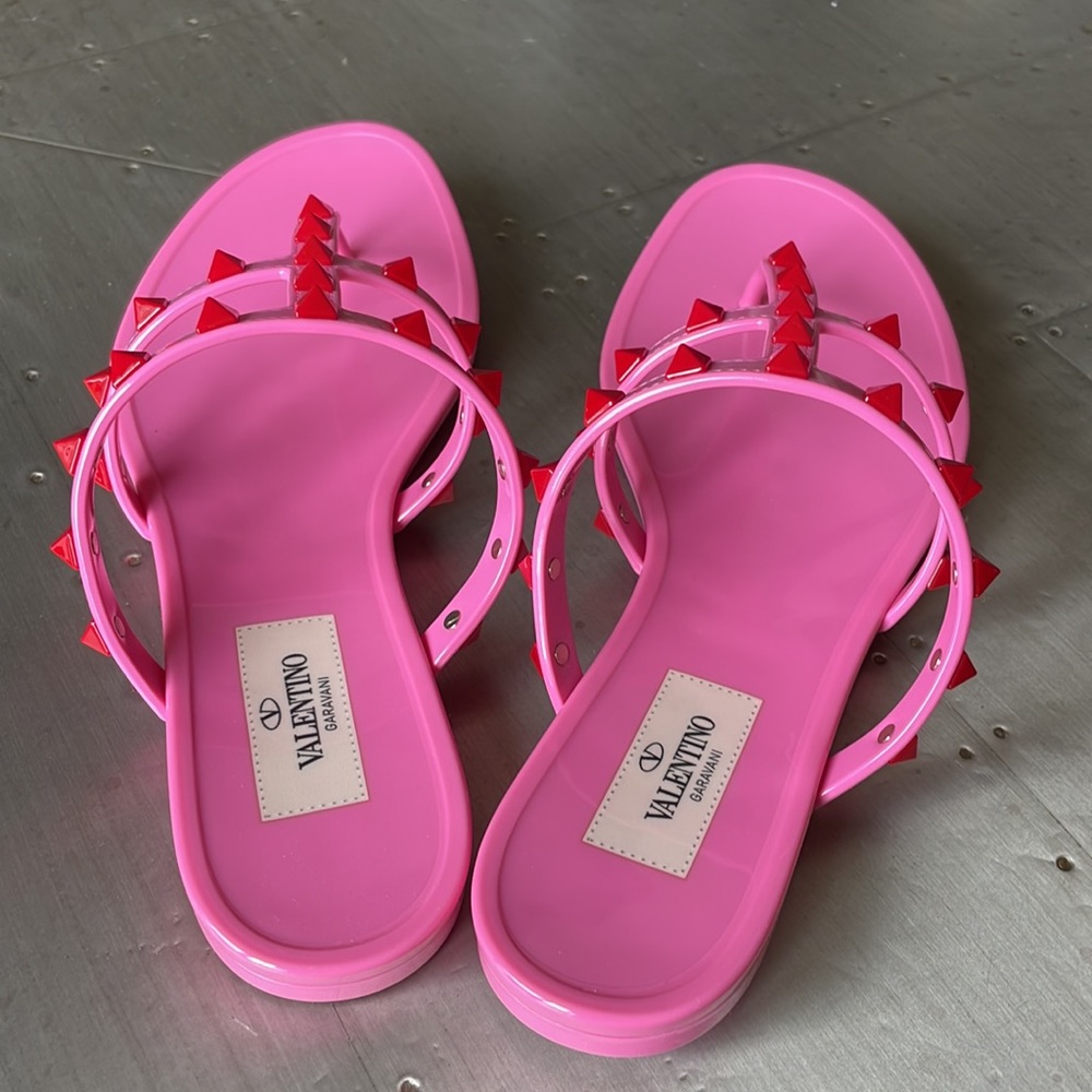 Valentino rockstud jelly pink red pvc thong sandal flat sz 37 with box - Picture 5 of 12